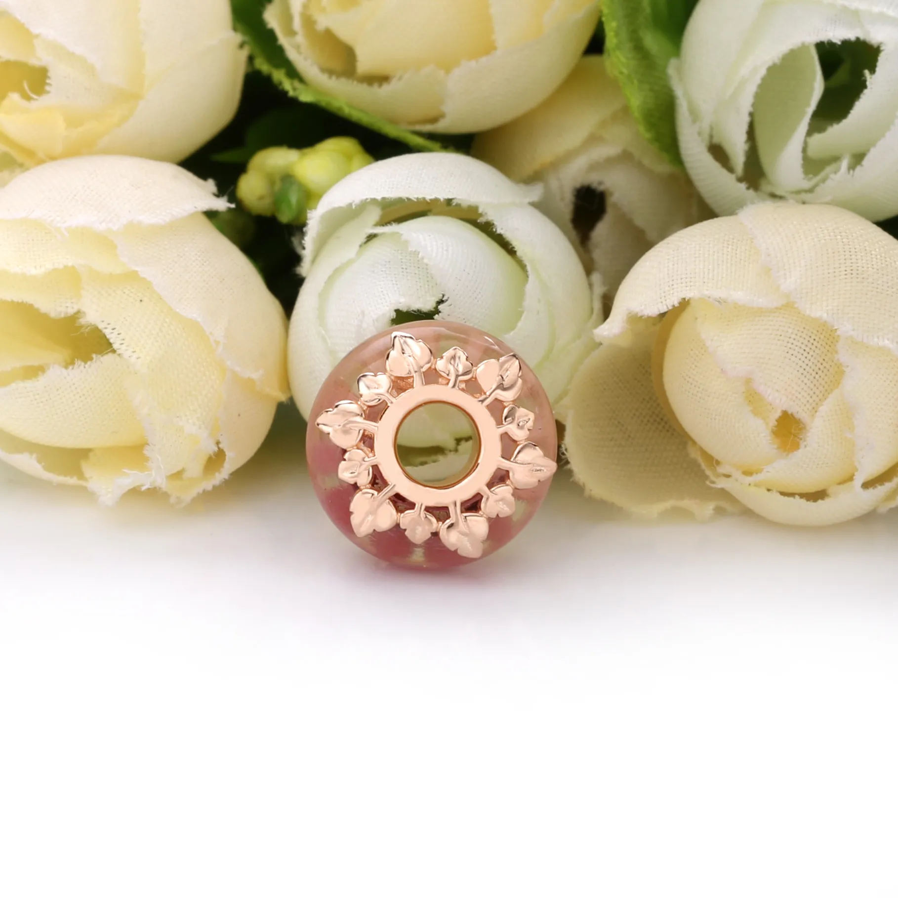 Pandora Rosa Muranoglass og Blader Charm - 788244