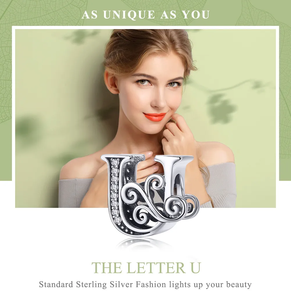 Pandora Style Glitrende Pavé Flower Letter U Charm - BSC030-U