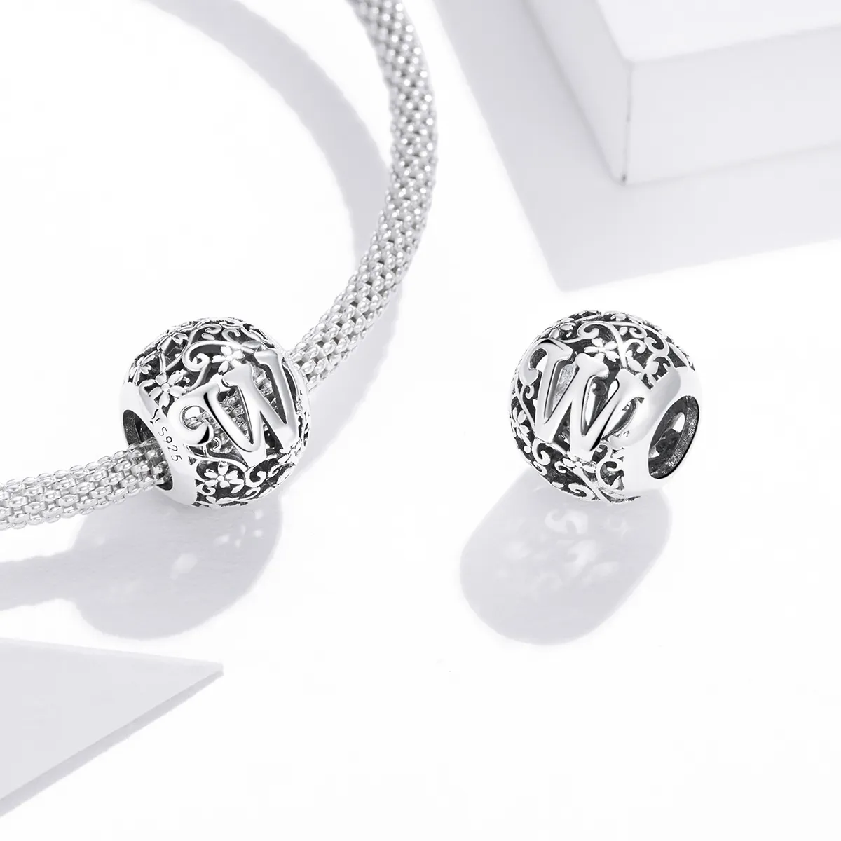 Pandora Style Openwork Flower Letter W Charm - SCC1444-W