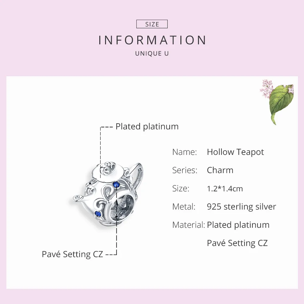 Pandora Style Silver Hollow Tekanne Charm - BSC274