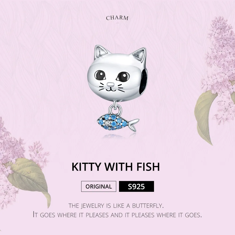 Pandora Style Silver Kitty Love Fish Charm - BSC226