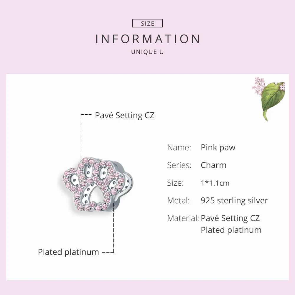 Pandora Style Silver Pink Paw Charm - BSC164