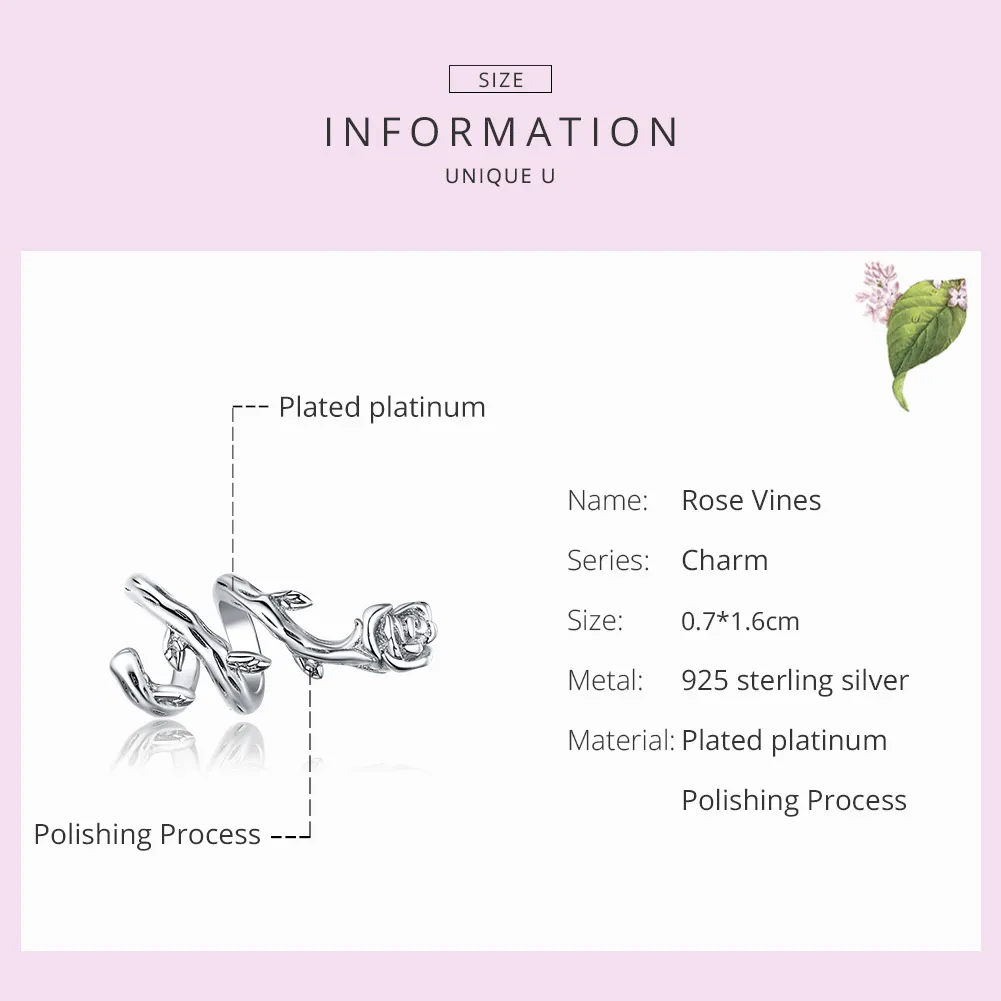 Pandora Style Silver Rose Vines Charm - BSC310