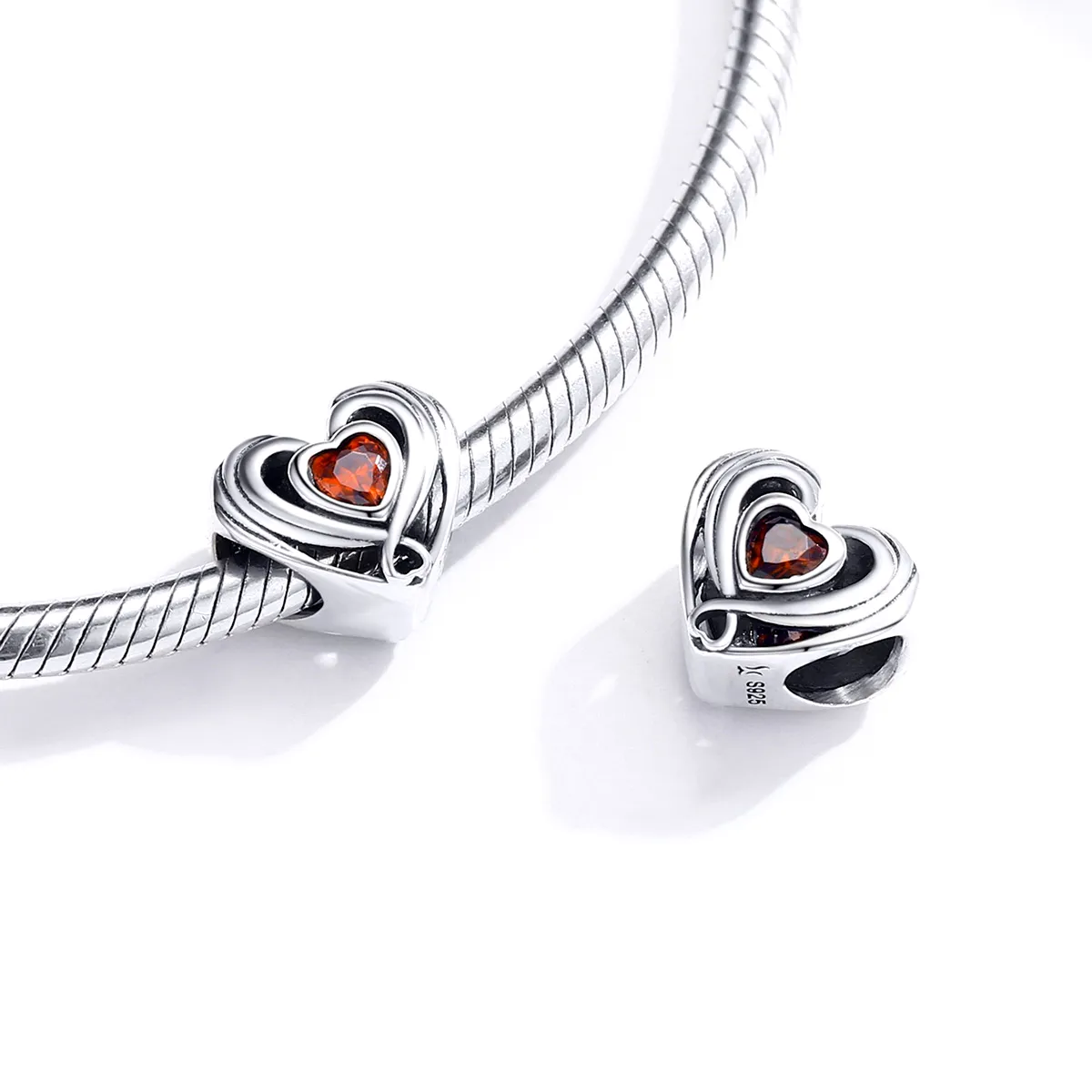 Pandora Style Silver Rubby Heart In Heart Charm - SCC1472