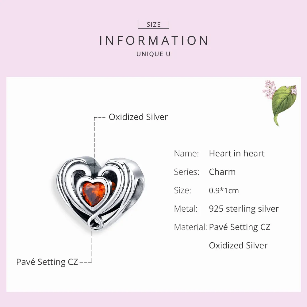 Pandora Style Silver Rubby Heart In Heart Charm - SCC1472