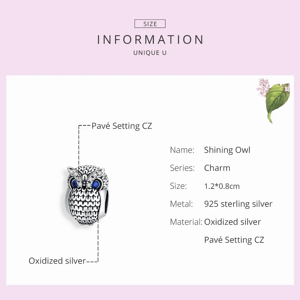 Pandora Style Silver Shining Owl Charm - SCC1607