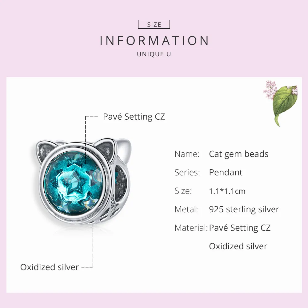 Pandora Style Silver Teal Cat Charm - SCC1800