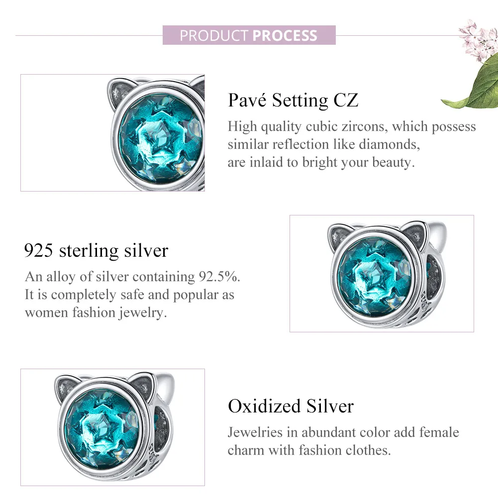 Pandora Style Silver Teal Cat Charm - SCC1800