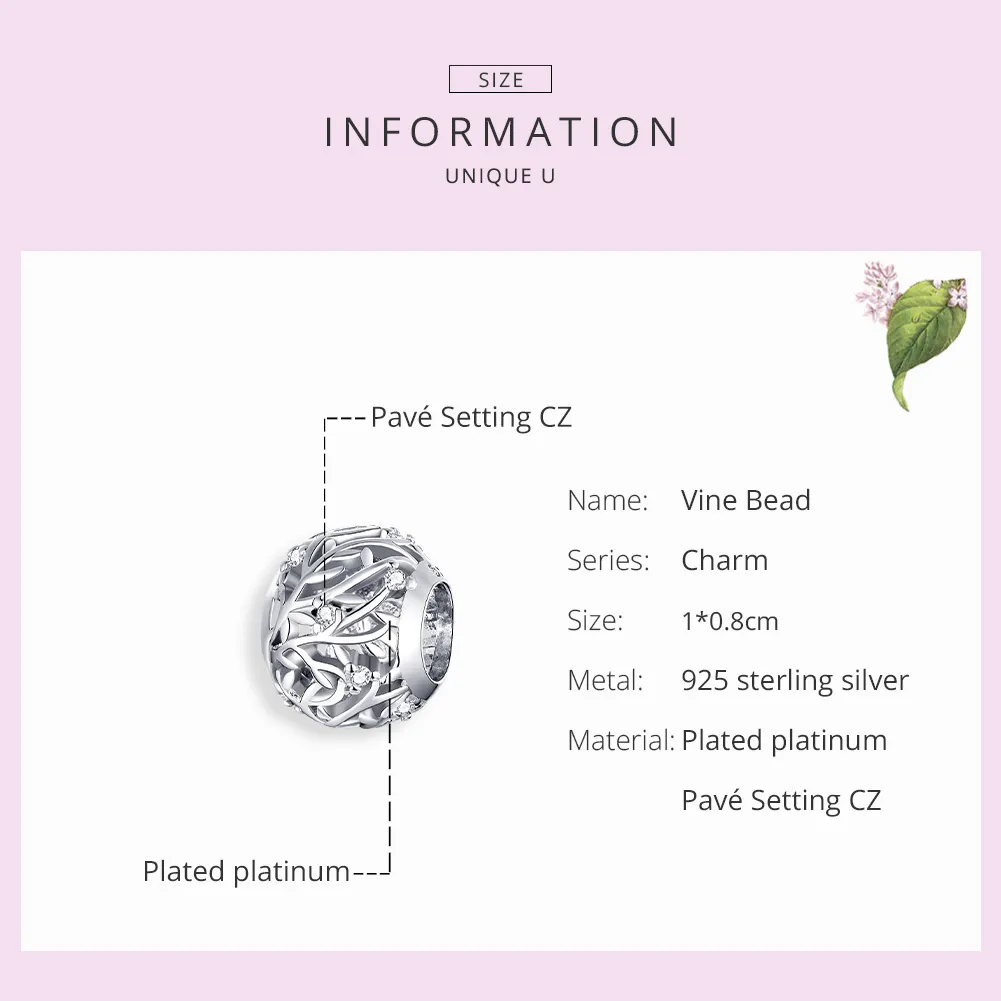 Pandora Style Silver Vine Charm - BSC256