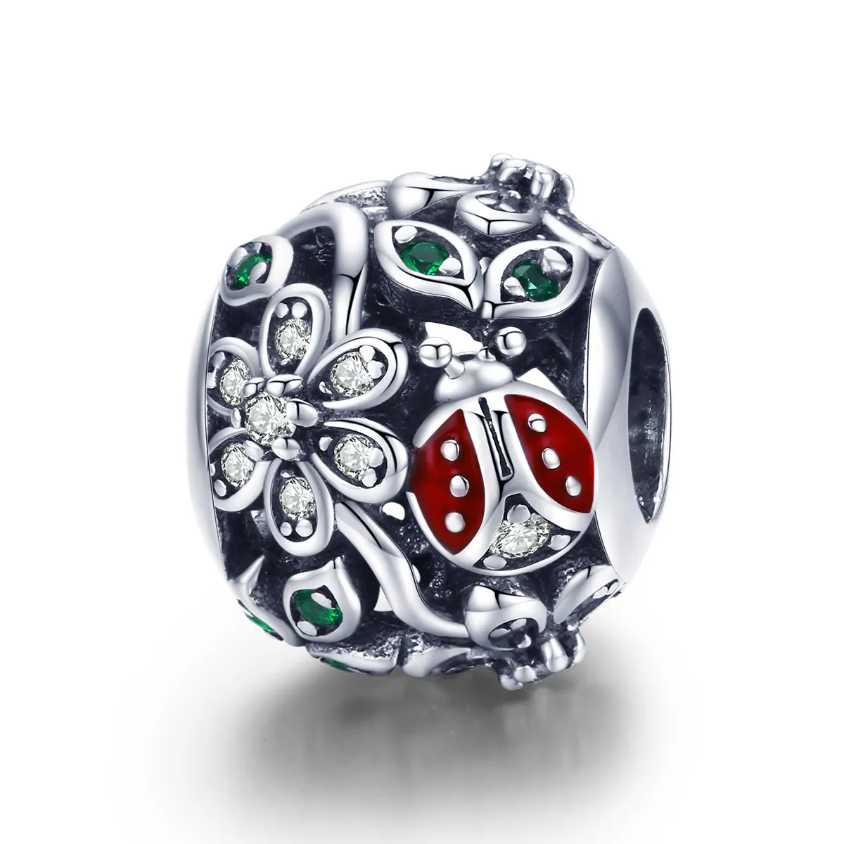 pandora style sølv ladybugs and flowers charm scc926