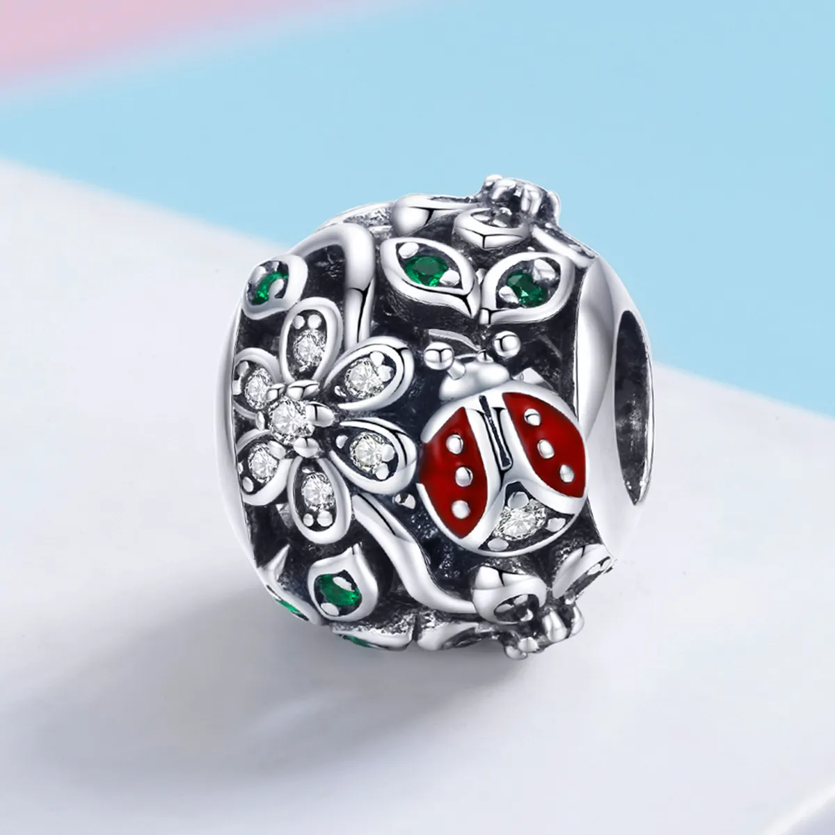 Pandora Style Sølv Ladybugs And Flowers Charm - SCC926