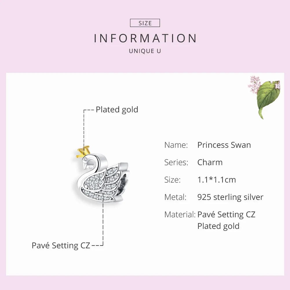 Pandora Style Two Tone Bicolor Princess Swan Charm - SCC1343