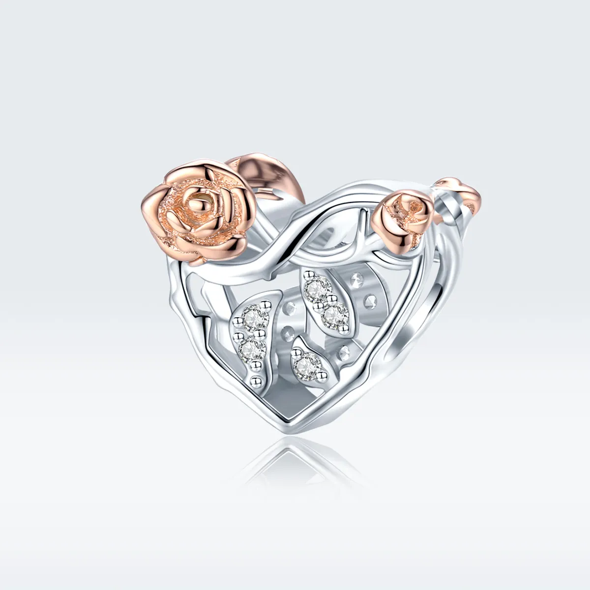 Pandora Style Two Tone Heart With Roses Charm - BSC280