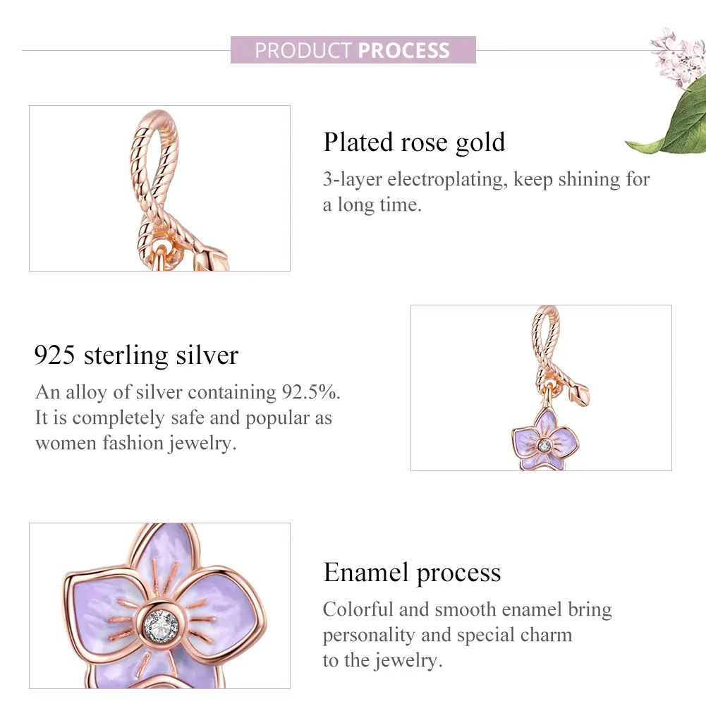 Pandora Style Rose Gold Orchid Dingle - BSC287