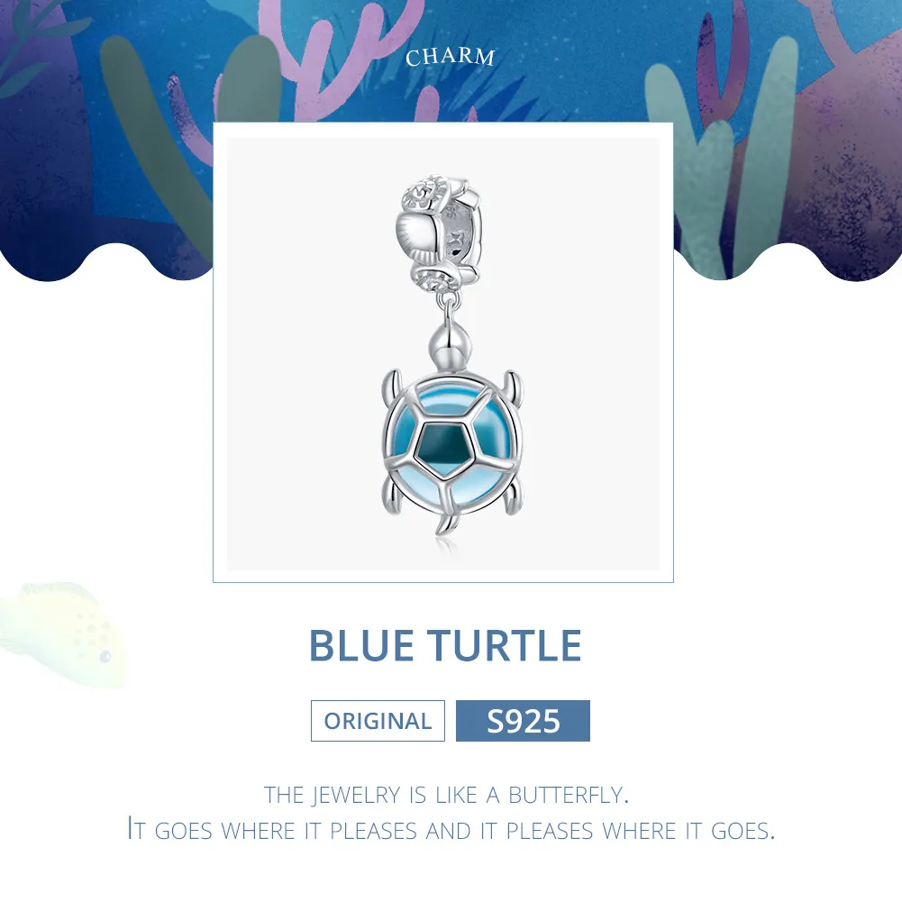 Pandora Style Silver Blue Murano Glass Turtle Dingle - SCC1804