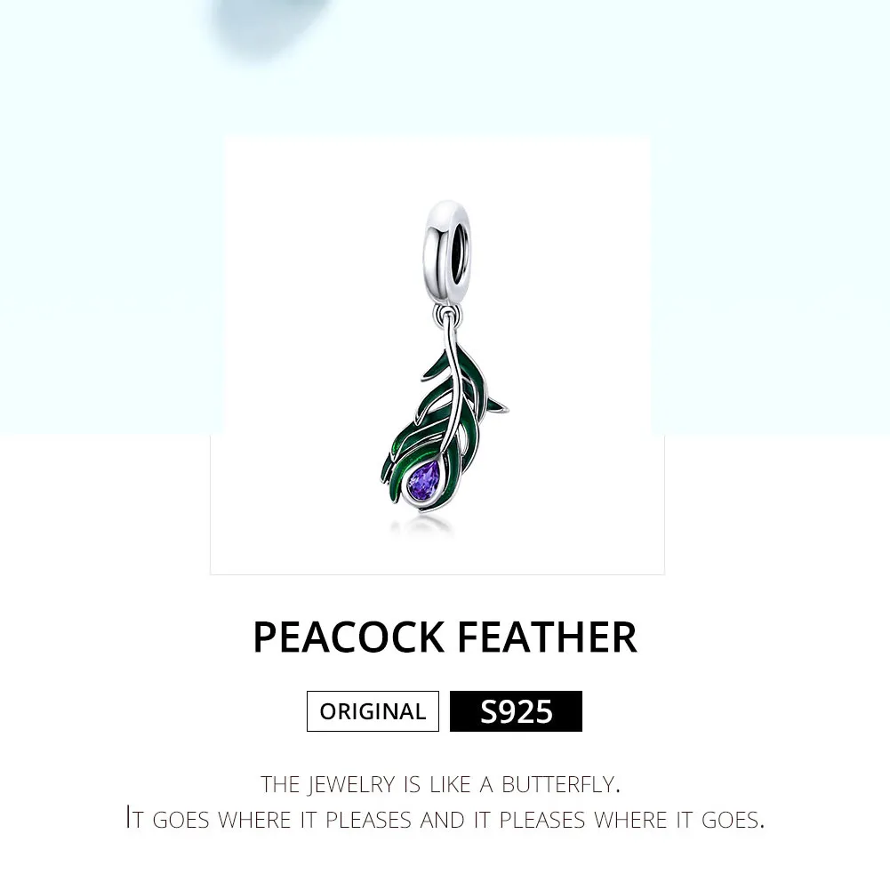 Pandora Style Silver Peakok Feather Dingle - SCC1704