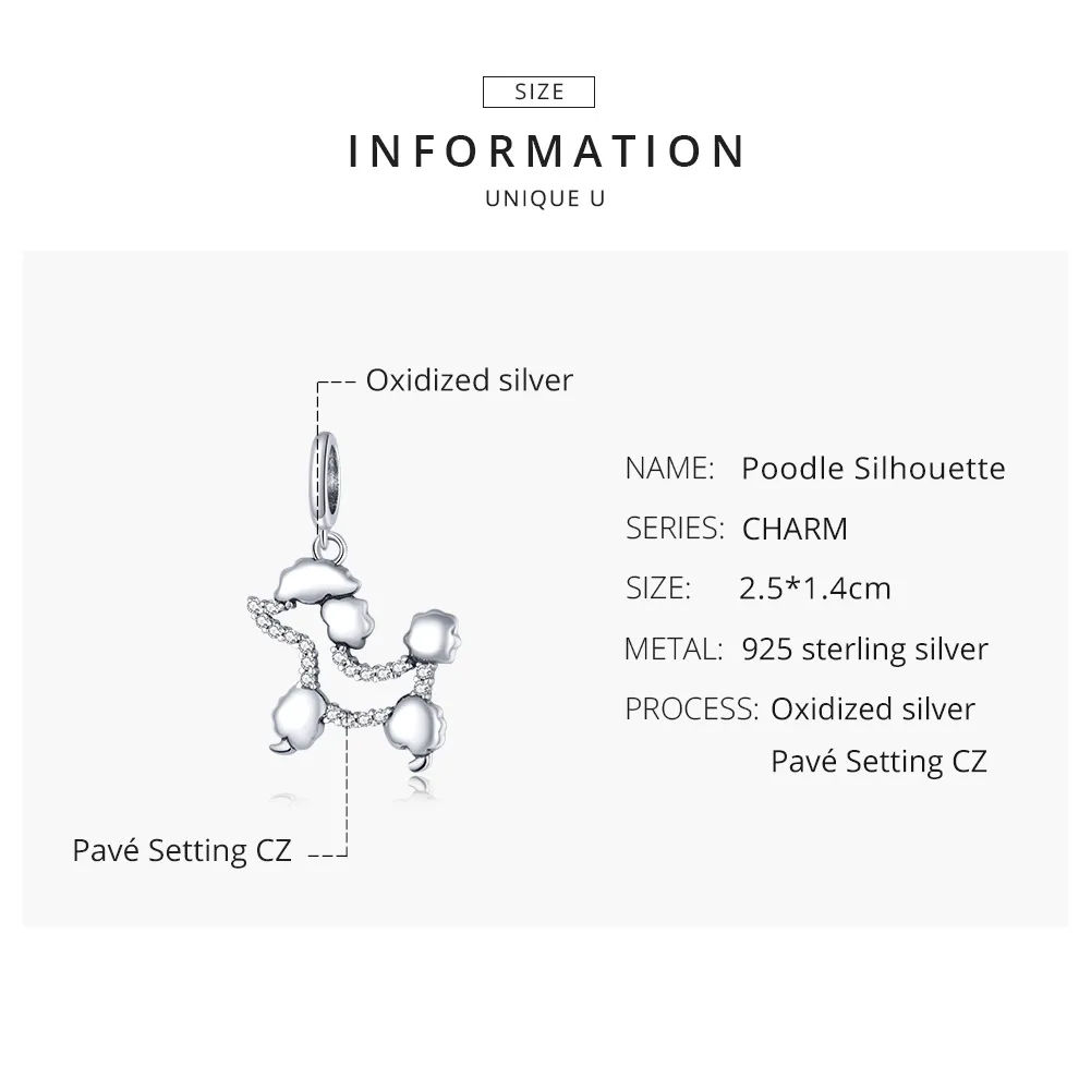 Pandora Style Silver Poodle Silhouette Dangle - SCC1681