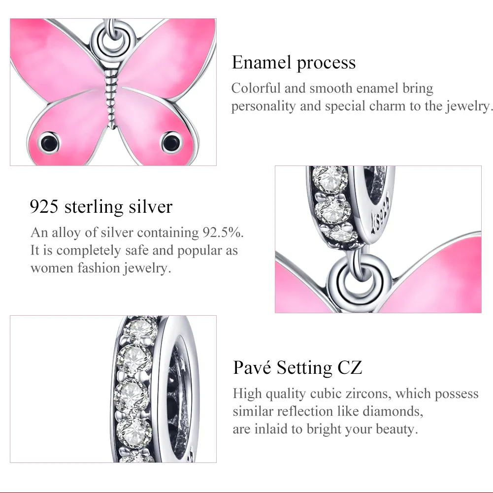 Pandora Style Sølv Rosa Butterfly Dingle - SCC1728