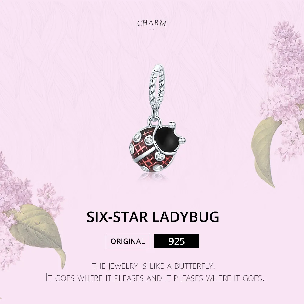 Pandora Style Sølv Seks-Star Ladybug Dangle - SCC1874