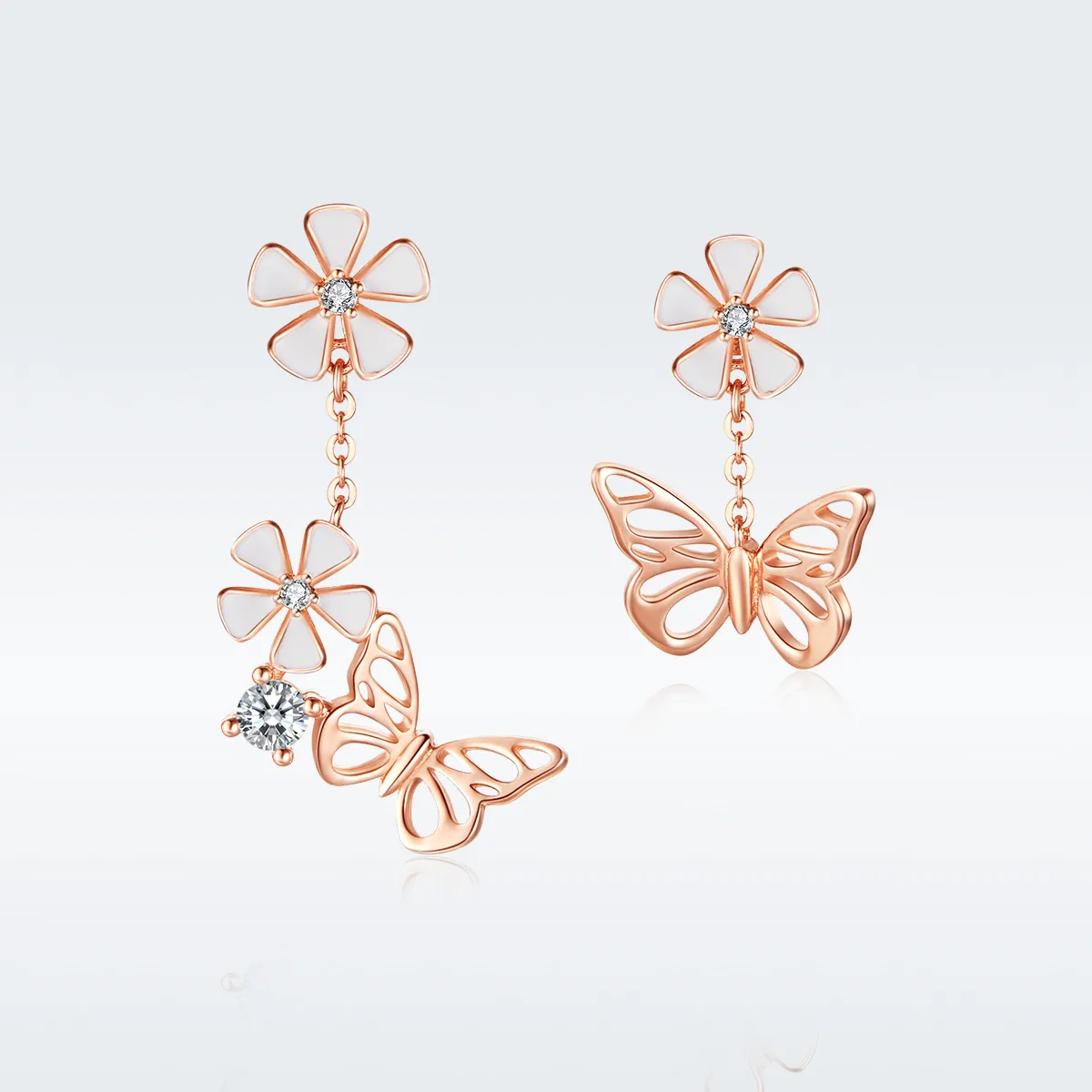 pandora style rose gold dancing butterfly dingle øredobber bse100