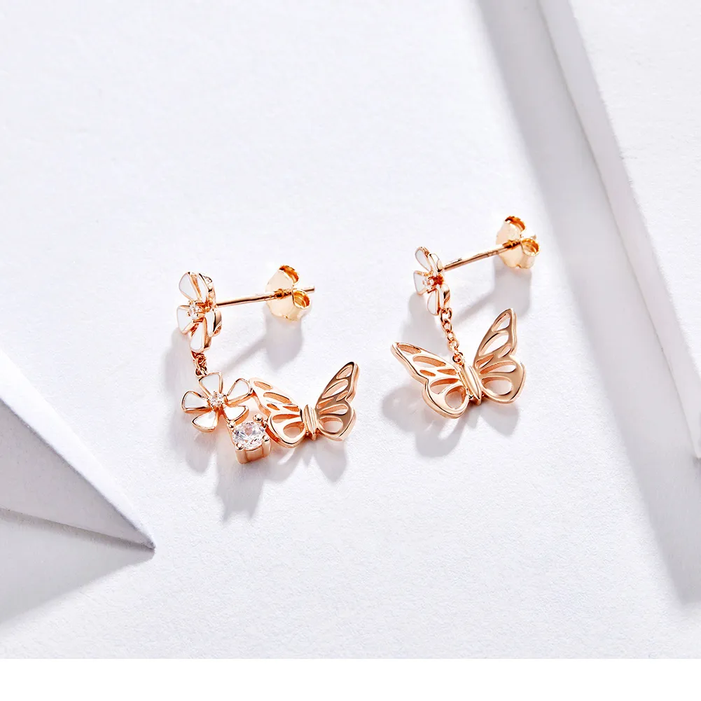 Pandora Style Rose Gold Dancing Butterfly Dingle øredobber - BSE100