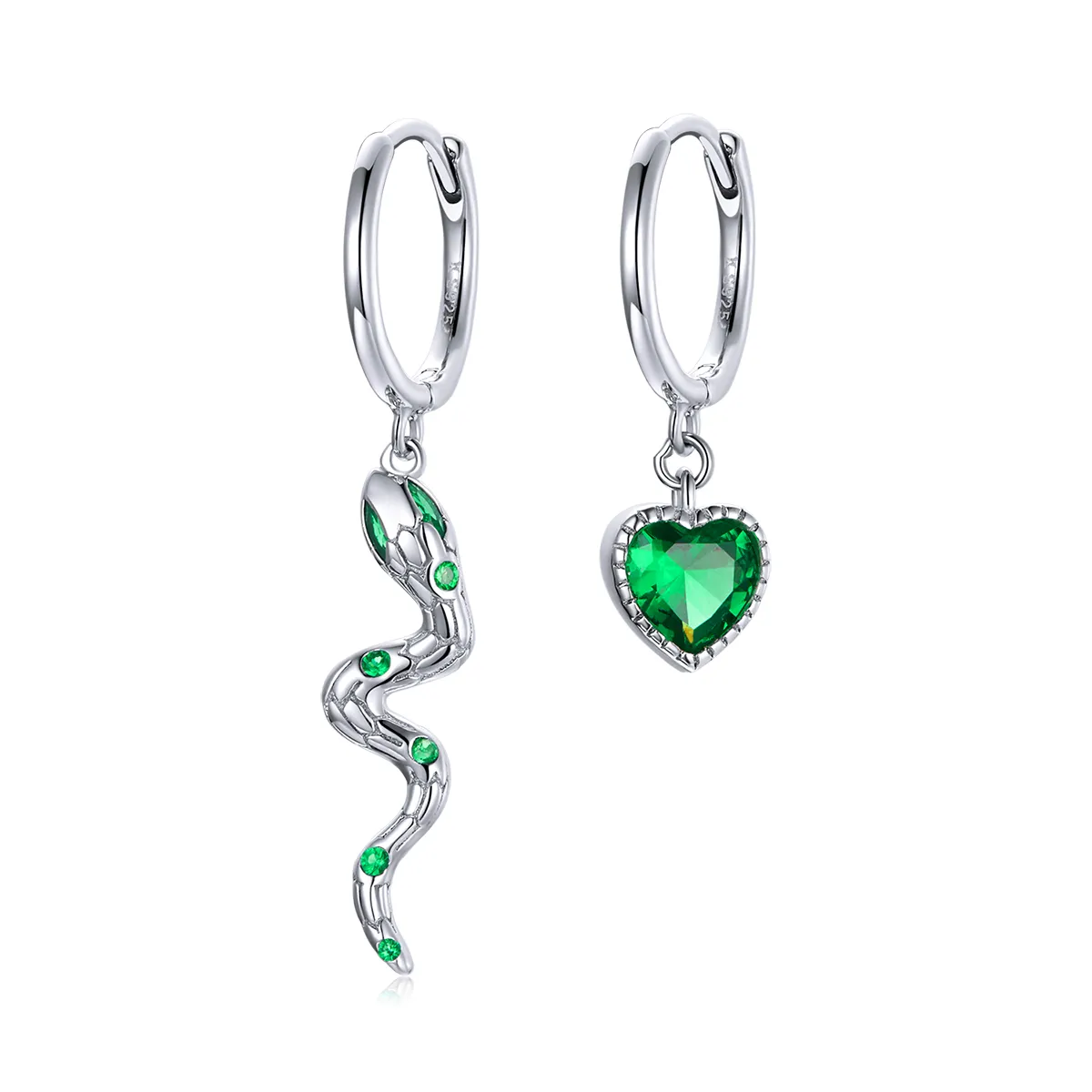 Pandora Style Silver The Love of The Snake & Green Heart Dangle Earrings - SCE1006