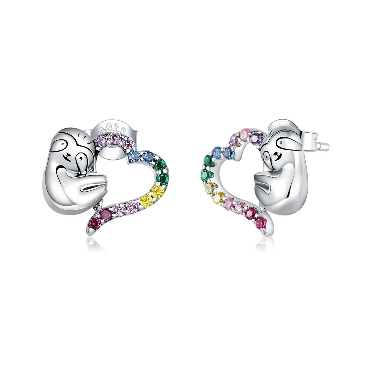 Pandora Style Silver Heart-Shaped Little Sloth Stud Earrings - SCE885