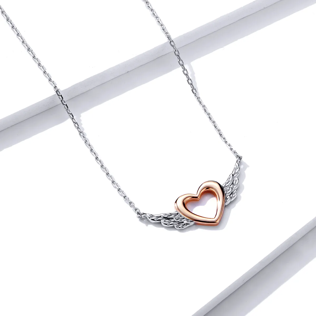 Pandora Style Two Tone Bicolor Heart Wing Anheng Halskjede - BSN162