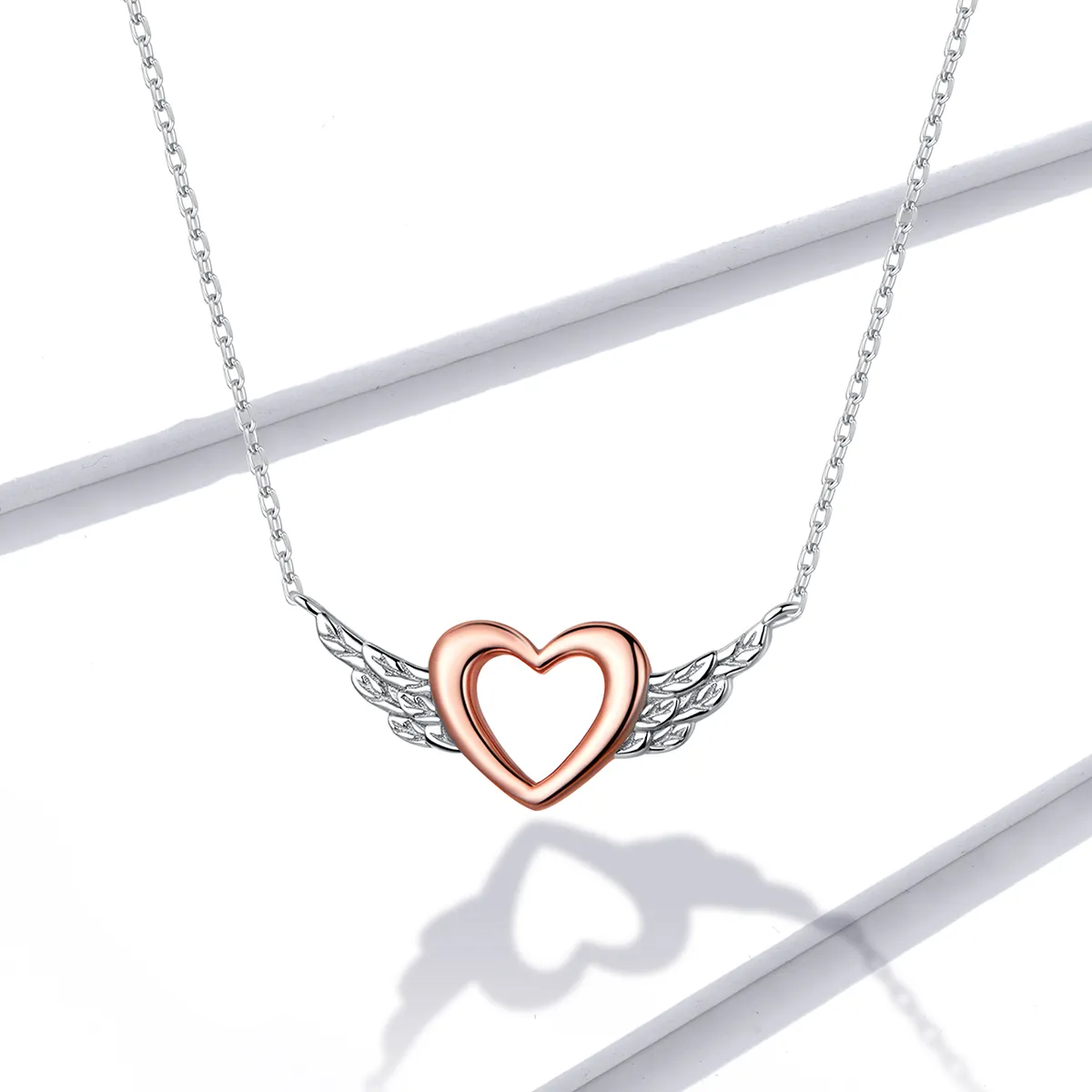 Pandora Style Two Tone Bicolor Heart Wing Anheng Halskjede - BSN162