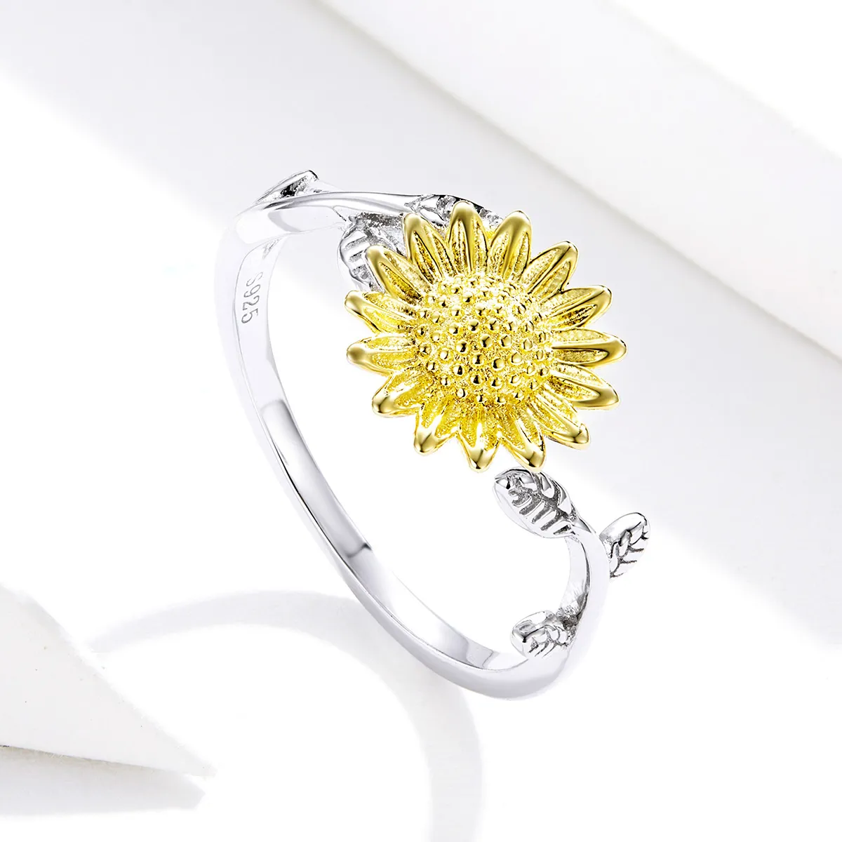 Pandora Style Two Tone Bicolor Golden Sunflowers Open Ring - SCR596