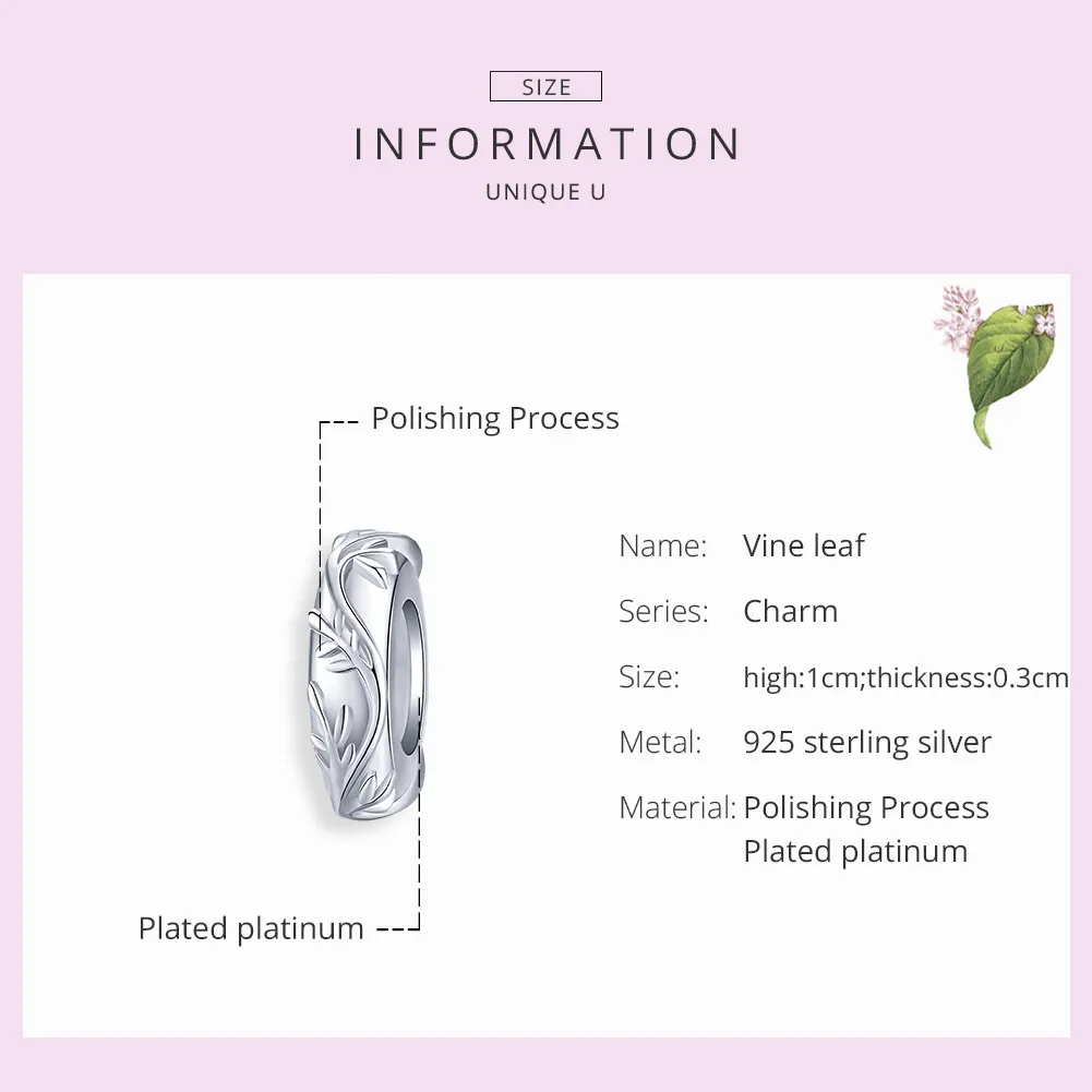 Pandora Style Silver Vine Leaf Spacer Charm - BSC142