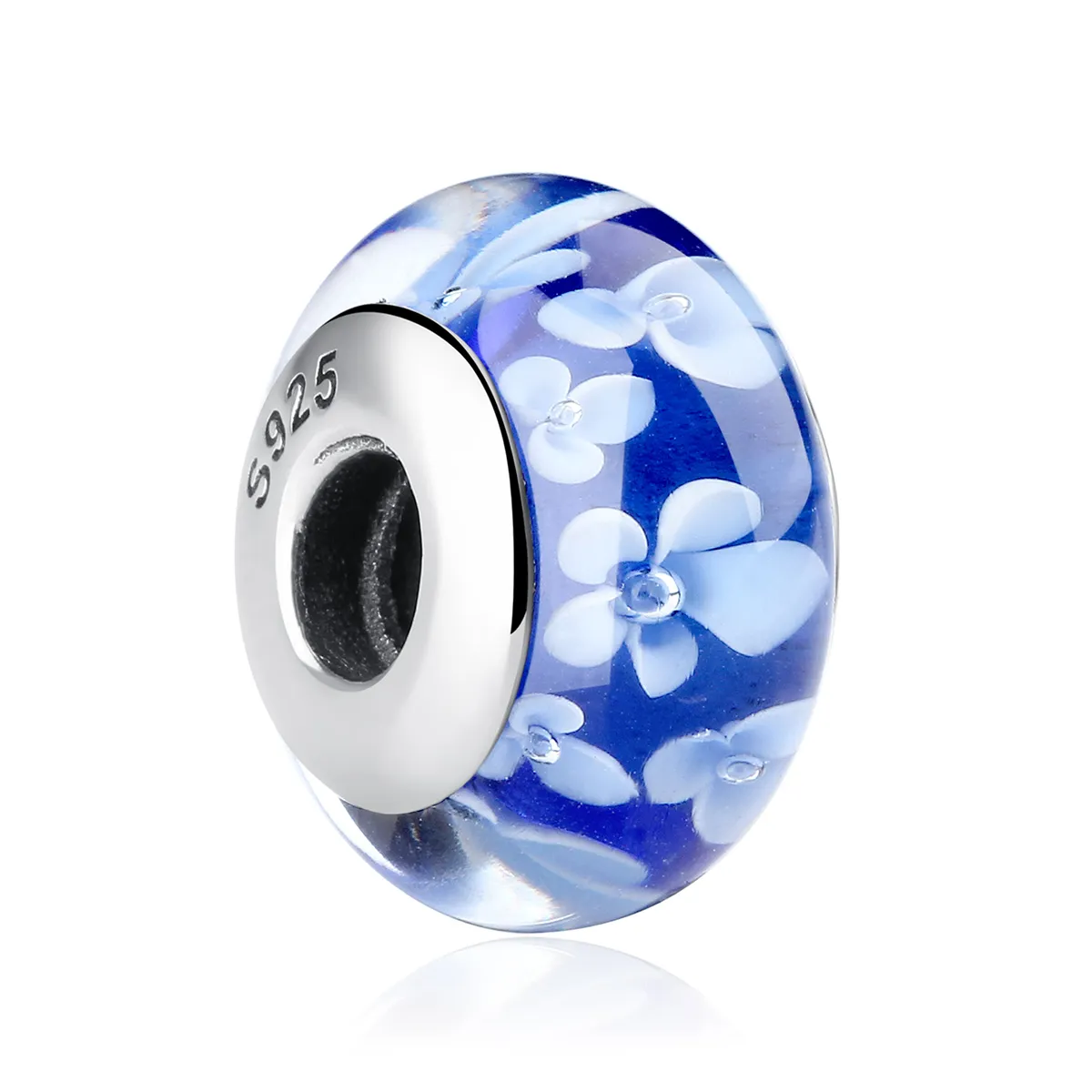 Pandora Style Blå Murano Glass Hvite Blomster Charm - SCZ006