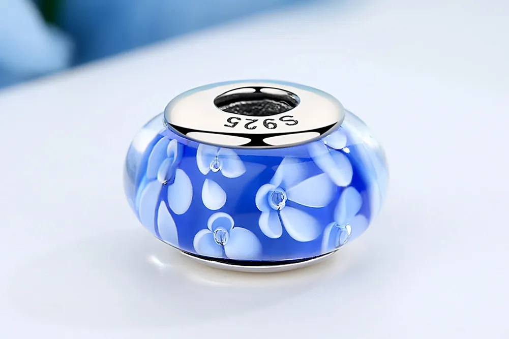 Pandora Style Blå Murano Glass Hvite Blomster Charm - SCZ006