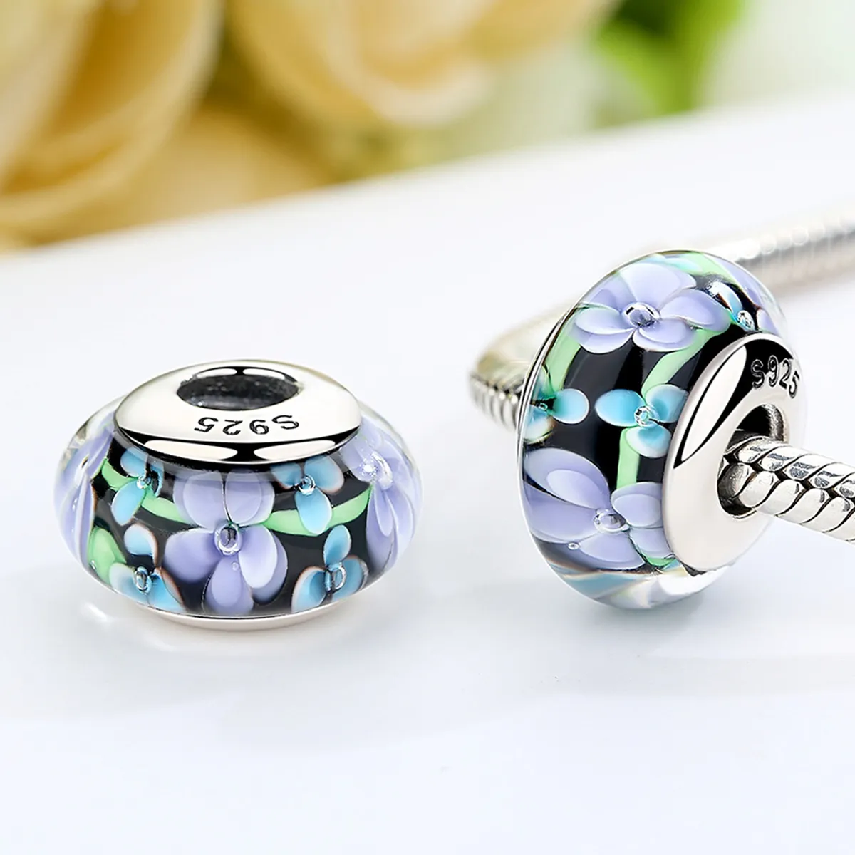 Pandora Style Lilla Blomster Murano Glass Charm - SCZ009