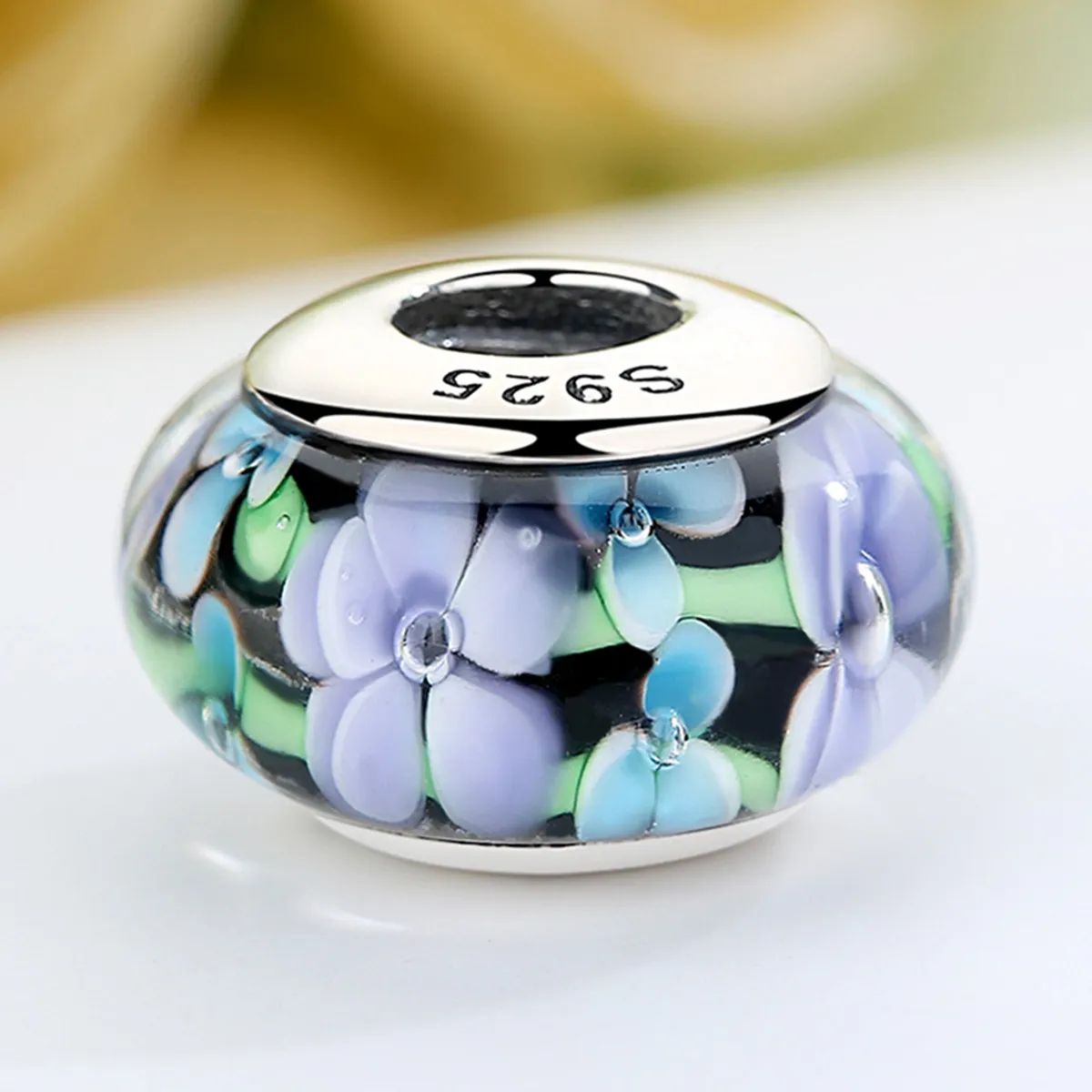 Pandora Style Lilla Blomster Murano Glass Charm - SCZ009