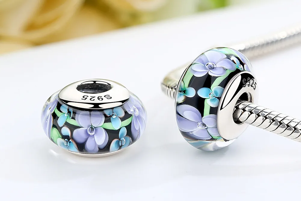 Pandora Style Lilla Blomster Murano Glass Charm - SCZ009