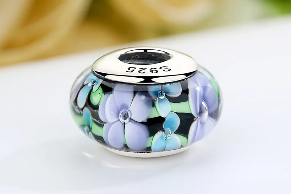 Pandora Style Lilla Blomster Murano Glass Charm - SCZ009