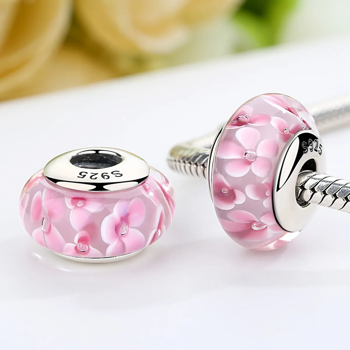 Pandora Style Rosa Blomster Murano Glass Charm - SCZ008