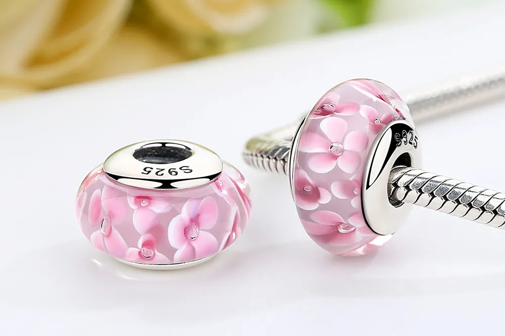 Pandora Style Rosa Blomster Murano Glass Charm - SCZ008