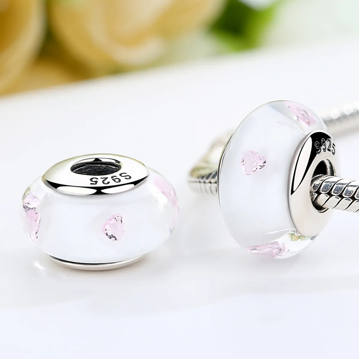 Pandora Style White Murano Glass Pink Stones Charm - SCZ004