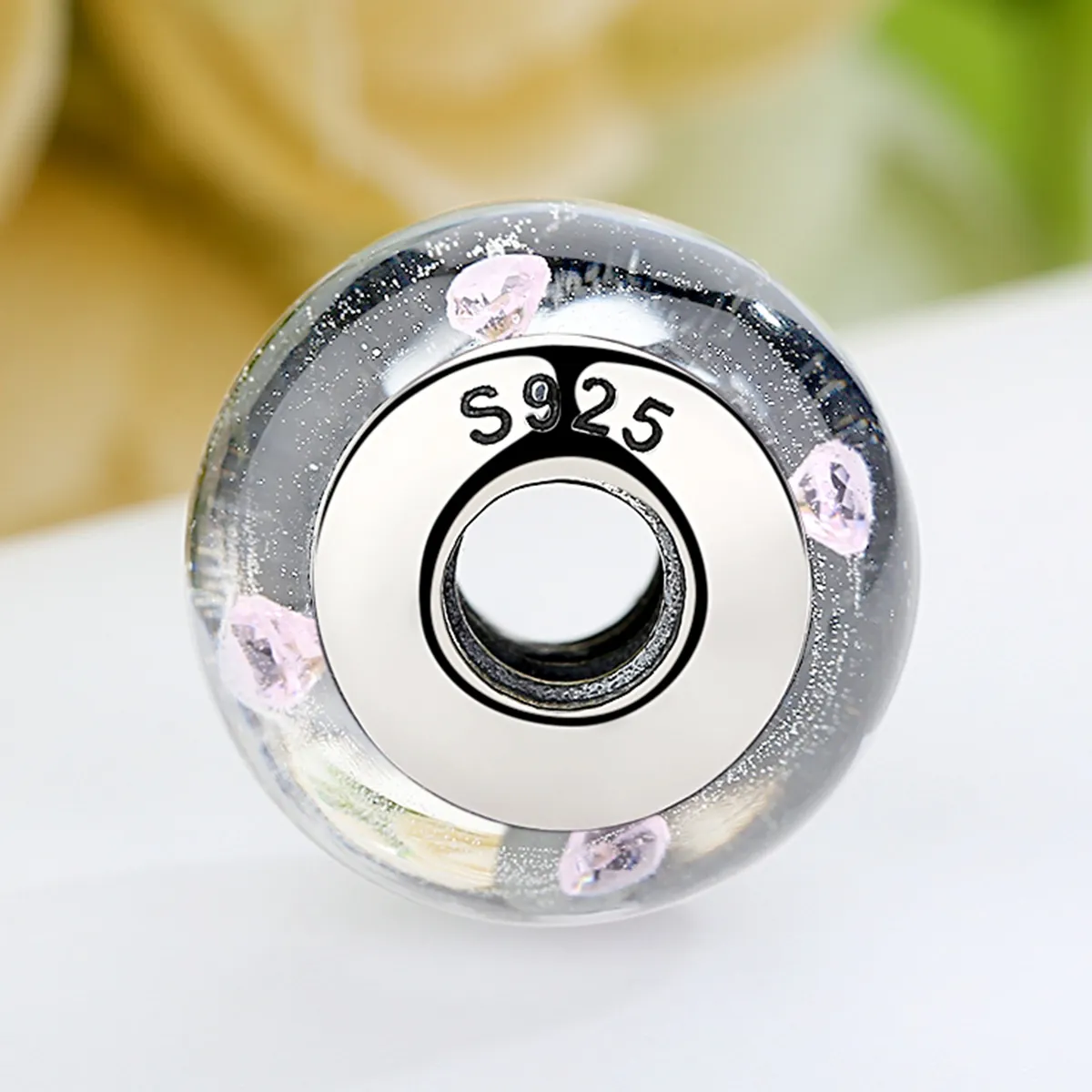 Pandora Style White Murano Glass Pink Stones Charm - SCZ004