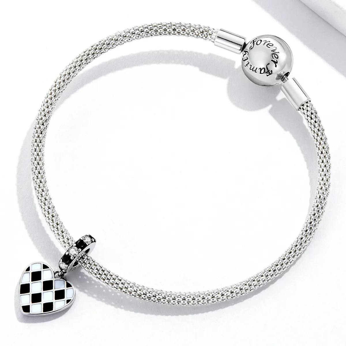 Pandora Style Black and White Grid Love Dangle - SCC2178