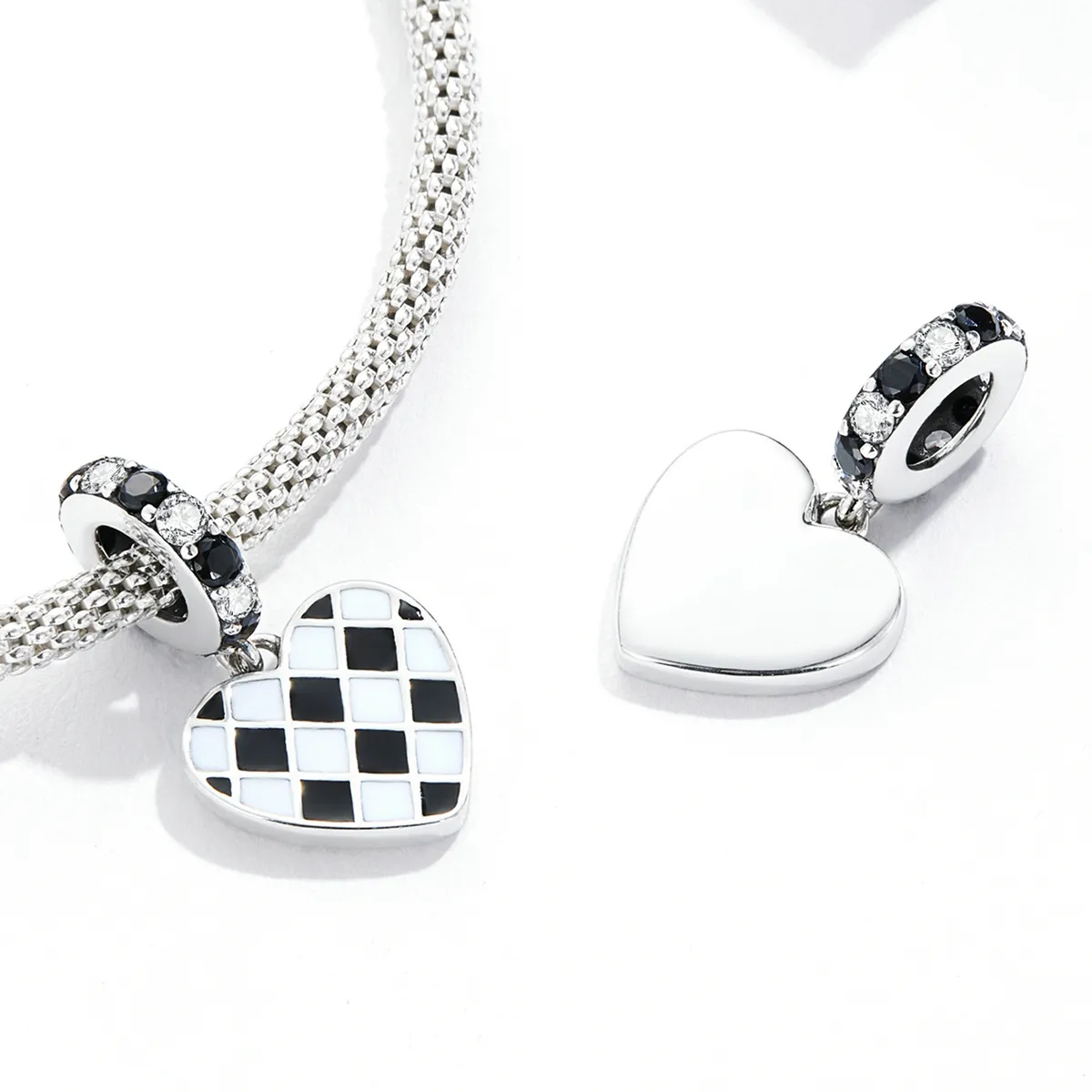 Pandora Style Black and White Grid Love Dangle - SCC2178