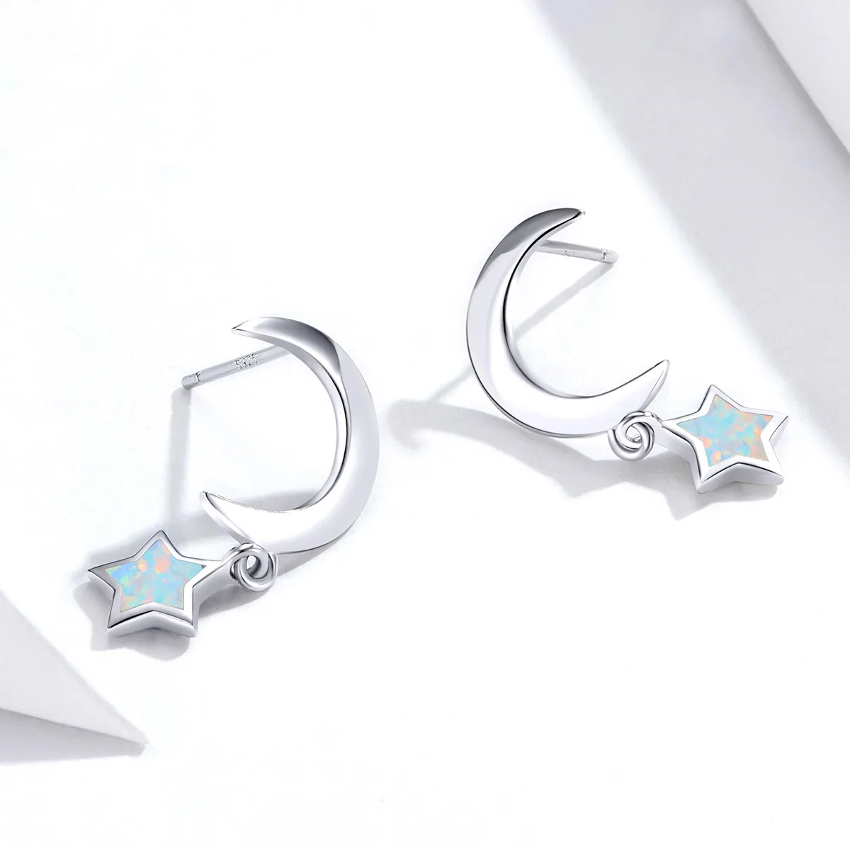 Pandora Style Moon and Star Opal Hanging Earrings - SCE707