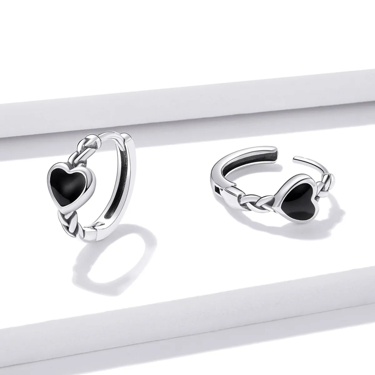 Pandora Style Black Heart Hoop øredobber - BSE456