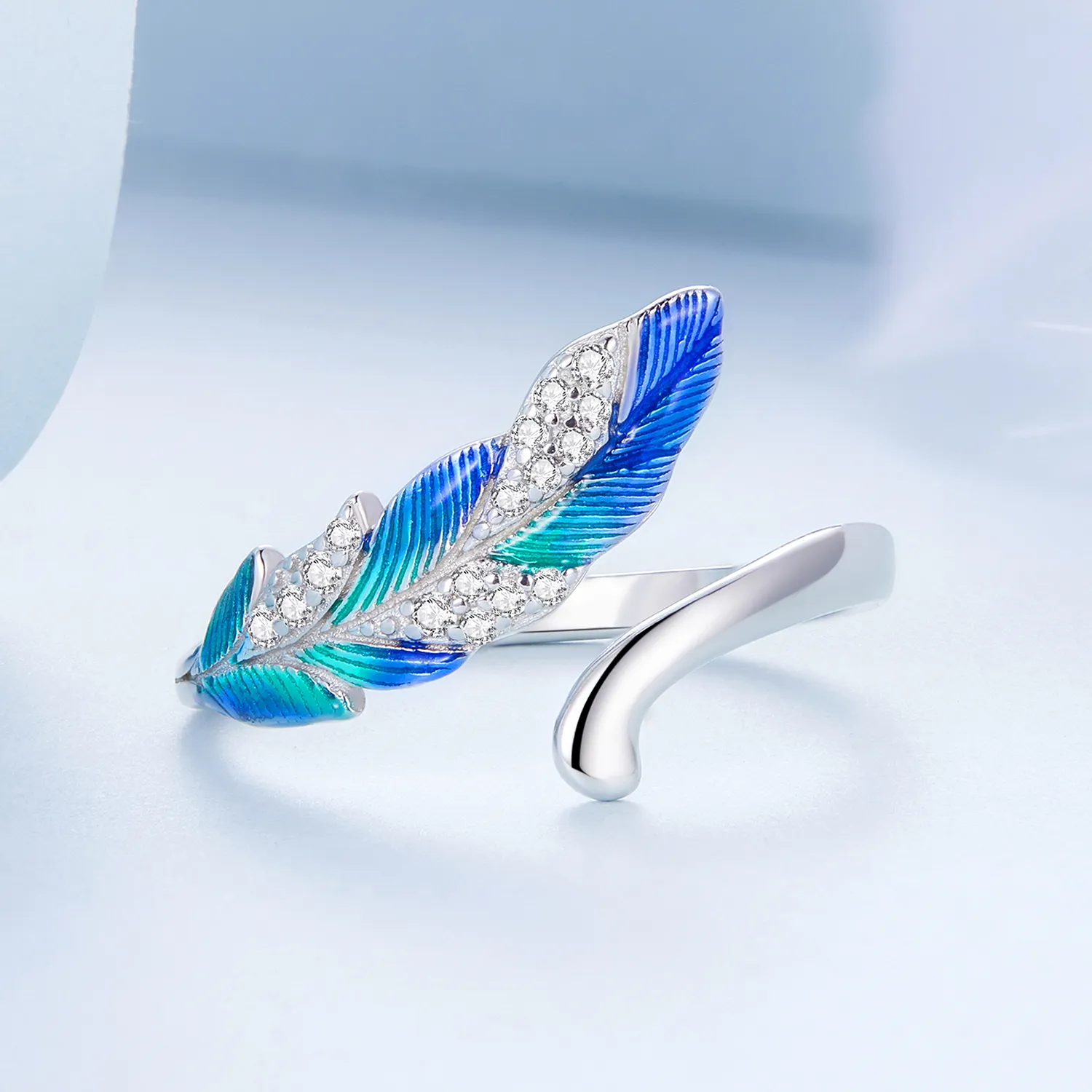 Pandora Style Dazzling Blue Feather Open Ring - BSR301