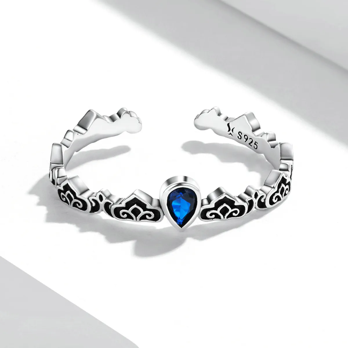 Pandora Style Vintage Pattern - Droplet Blue Stone Open Ring - SCR767