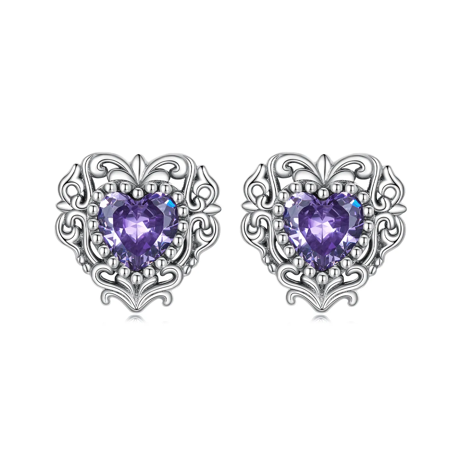 Pandora Style Purple Zircon Heart Stud øredobber - BSE695