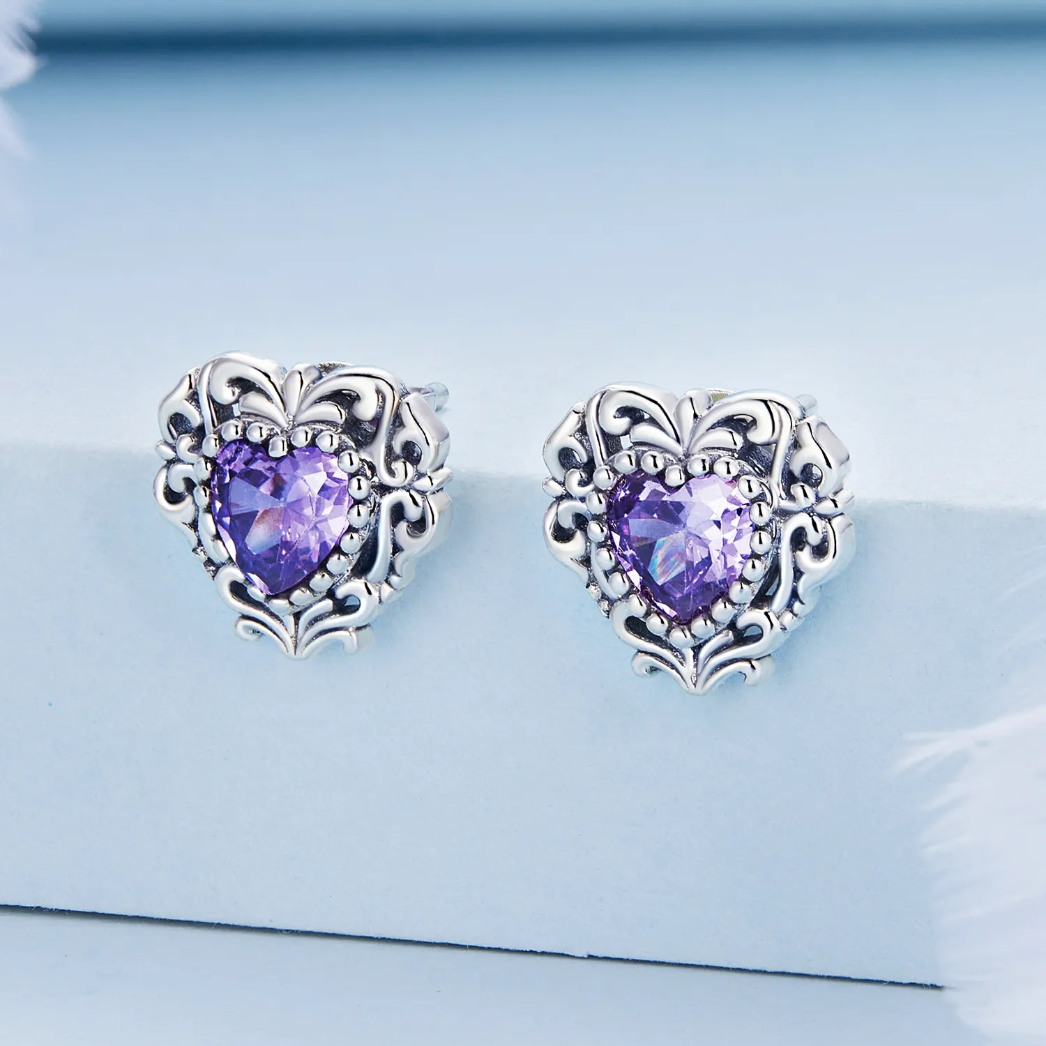 Pandora Style Purple Zircon Heart Stud øredobber - BSE695