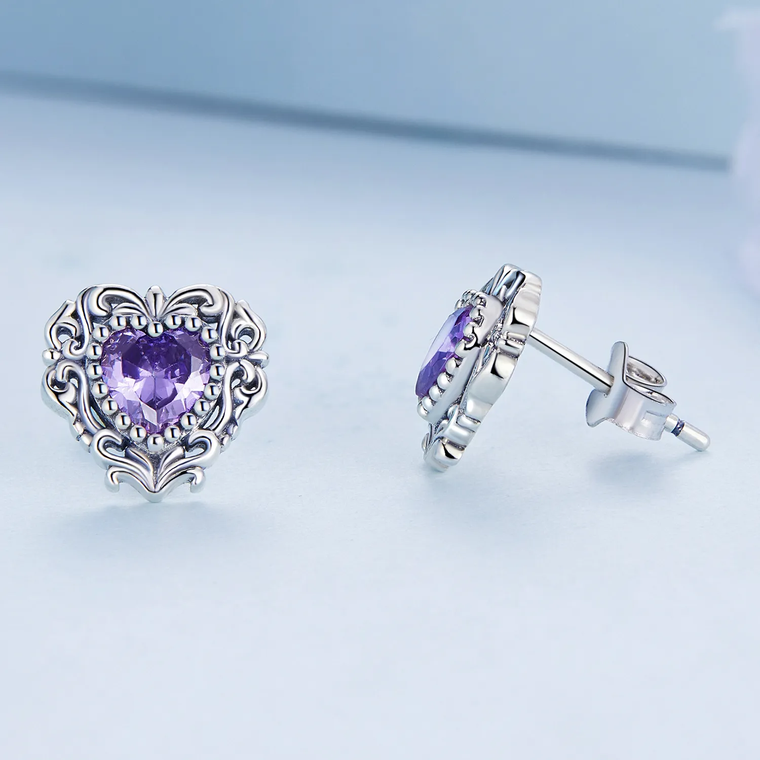 Pandora Style Purple Zircon Heart Stud øredobber - BSE695